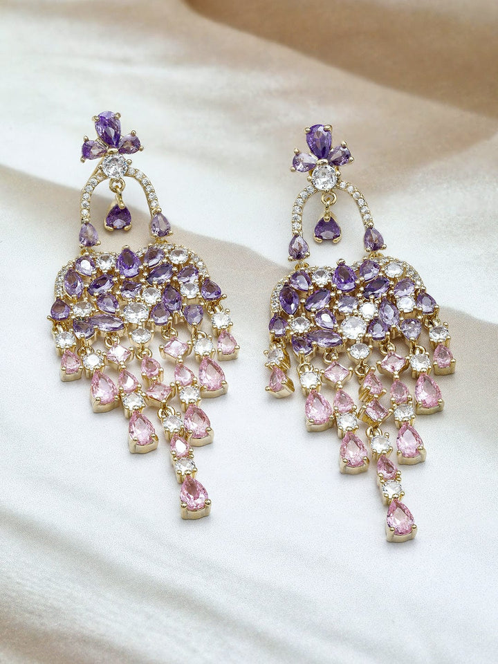 Voguish 22K Gold-Plated Purple, Light Pink & White AD & Cubic Zirconia Studded Chandelier Earrings Chandelier Earrings