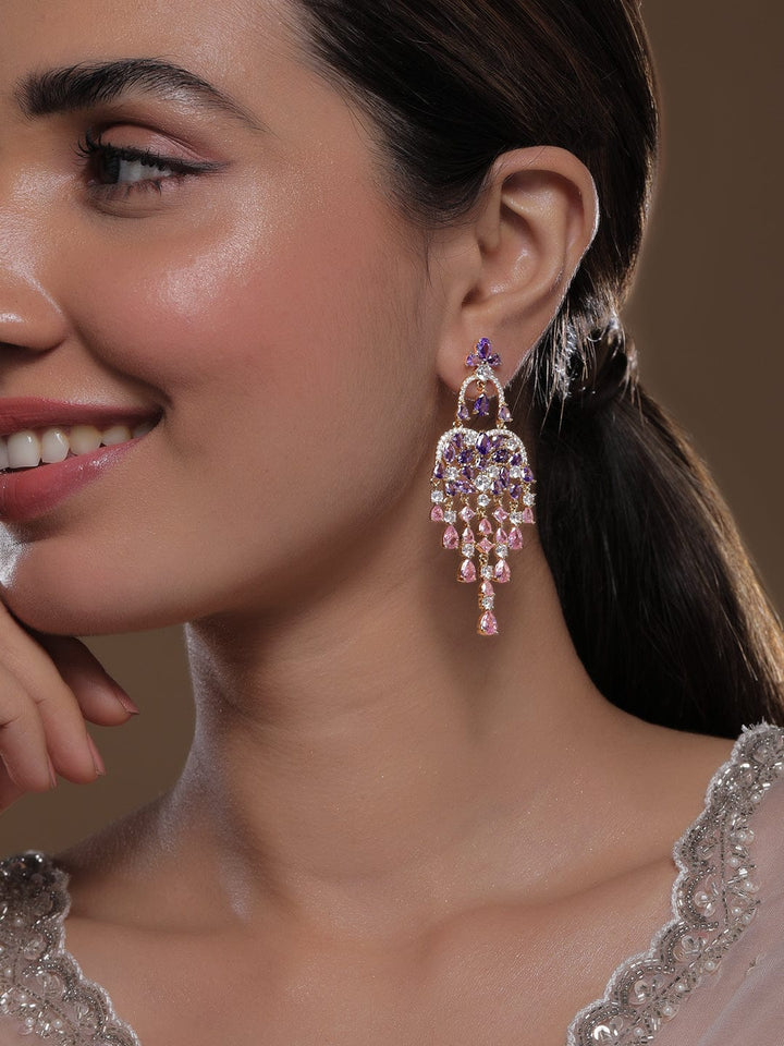 Voguish 22K Gold-Plated Purple, Light Pink & White AD & Cubic Zirconia Studded Chandelier Earrings Chandelier Earrings