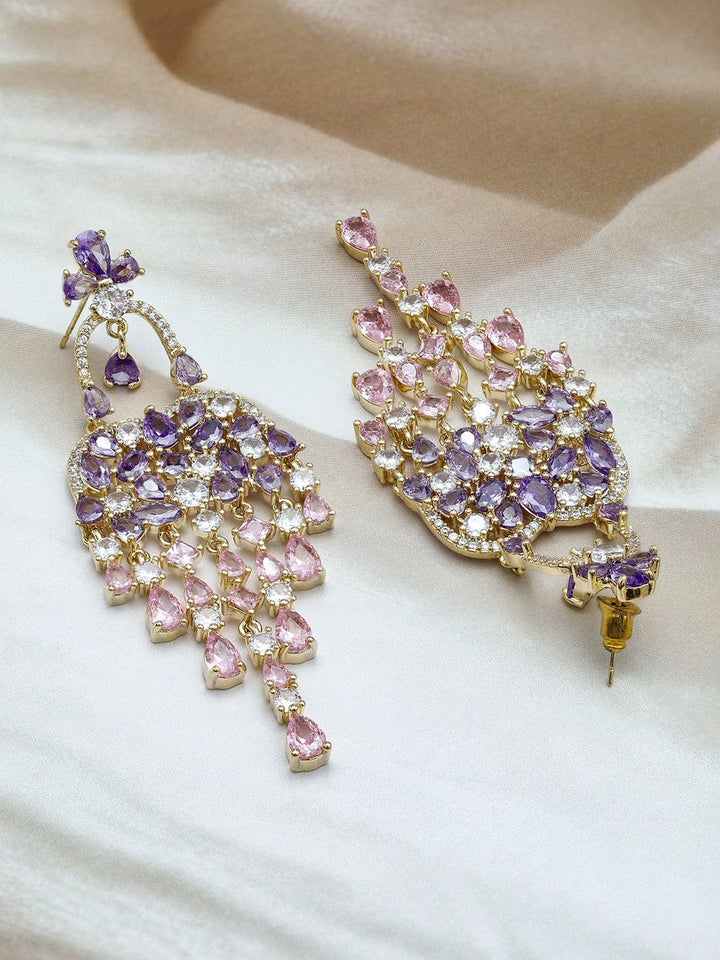 Voguish 22K Gold-Plated Purple, Light Pink & White AD & Cubic Zirconia Studded Chandelier Earrings Chandelier Earrings