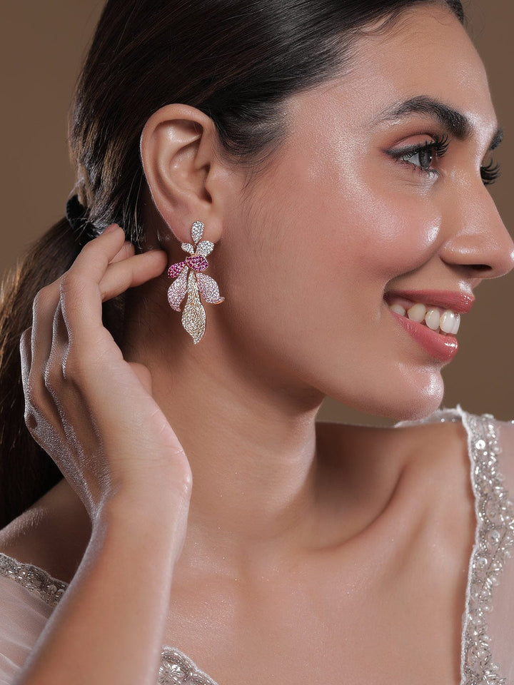 Voguish 22K Rose Gold-Plated Light Pink, Magenta & Pale Green AD & CZ Studded Drop Earrings Stud Earrings