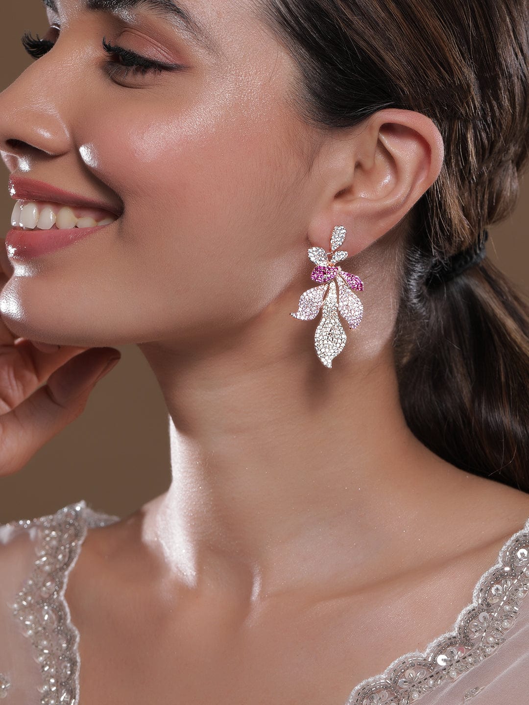 Voguish 22K Rose Gold-Plated Light Pink, Magenta & Pale Green AD & CZ Studded Drop Earrings Stud Earrings