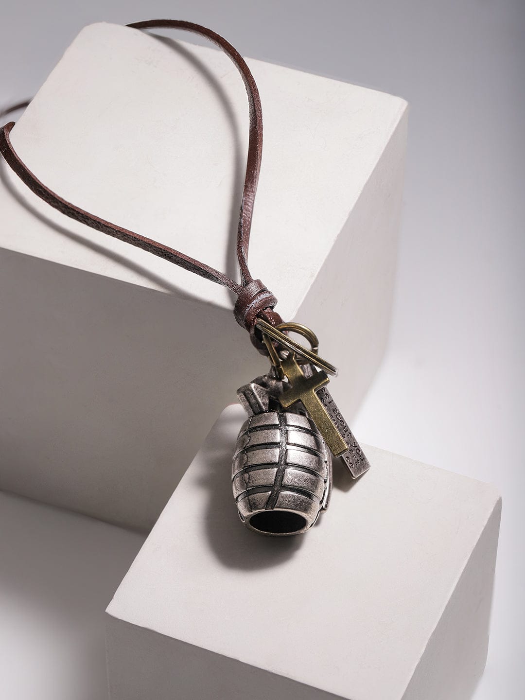 Voguish Men Grenade Pendant With Brown Lather Adjustable Necklace. Necklace and Chains