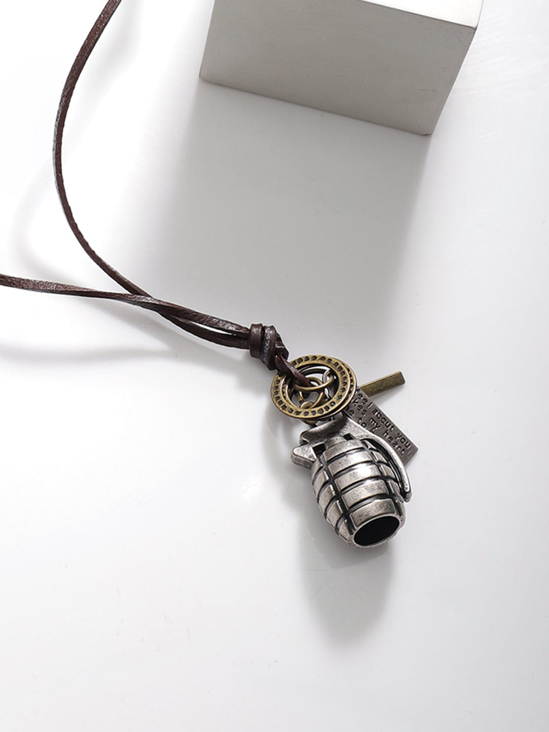 Voguish Men Grenade Pendant With Brown Lather Adjustable Necklace. Necklace and Chains