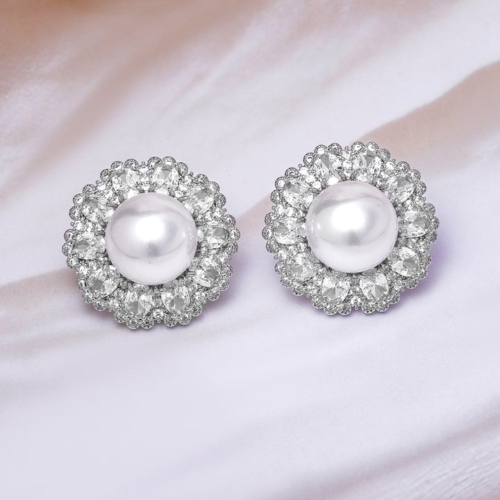 Voguish Rhodium-Plated AAA Crystal CZ & Pearl Studded Oversized Premium Stud Earrings Stud