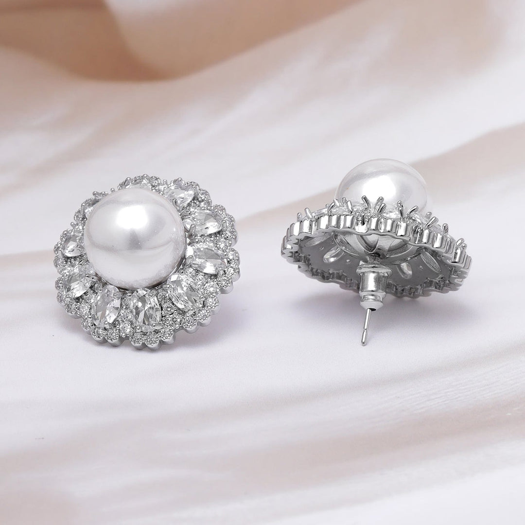 Voguish Rhodium-Plated AAA Crystal CZ & Pearl Studded Oversized Premium Stud Earrings Stud