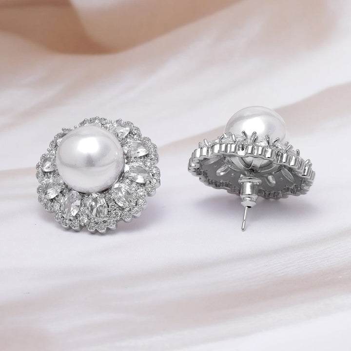 Voguish Rhodium-Plated AAA Crystal CZ & Pearl Studded Oversized Premium Stud Earrings Stud