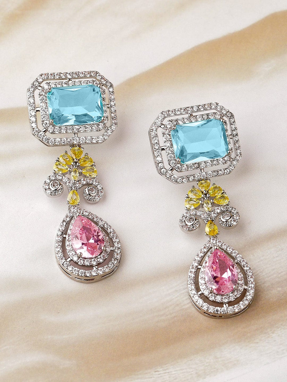 Voguish Rhodium-Plated Aqua Blue, Pink & Yellow AD & Cubic Zirconia Studded Drop Earrings Drop Earrings