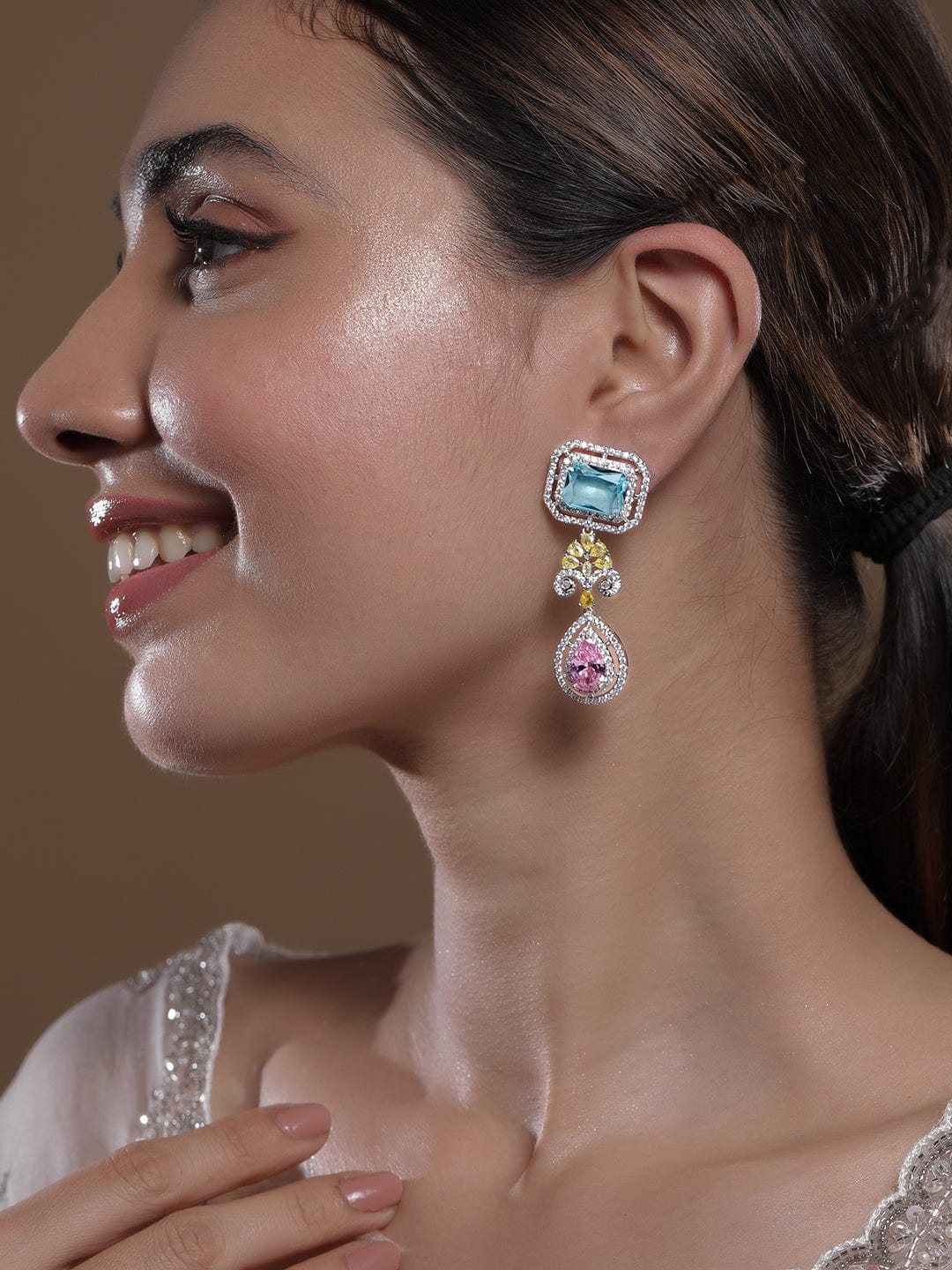 Voguish Rhodium-Plated Aqua Blue, Pink & Yellow AD & Cubic Zirconia Studded Drop Earrings Drop Earrings