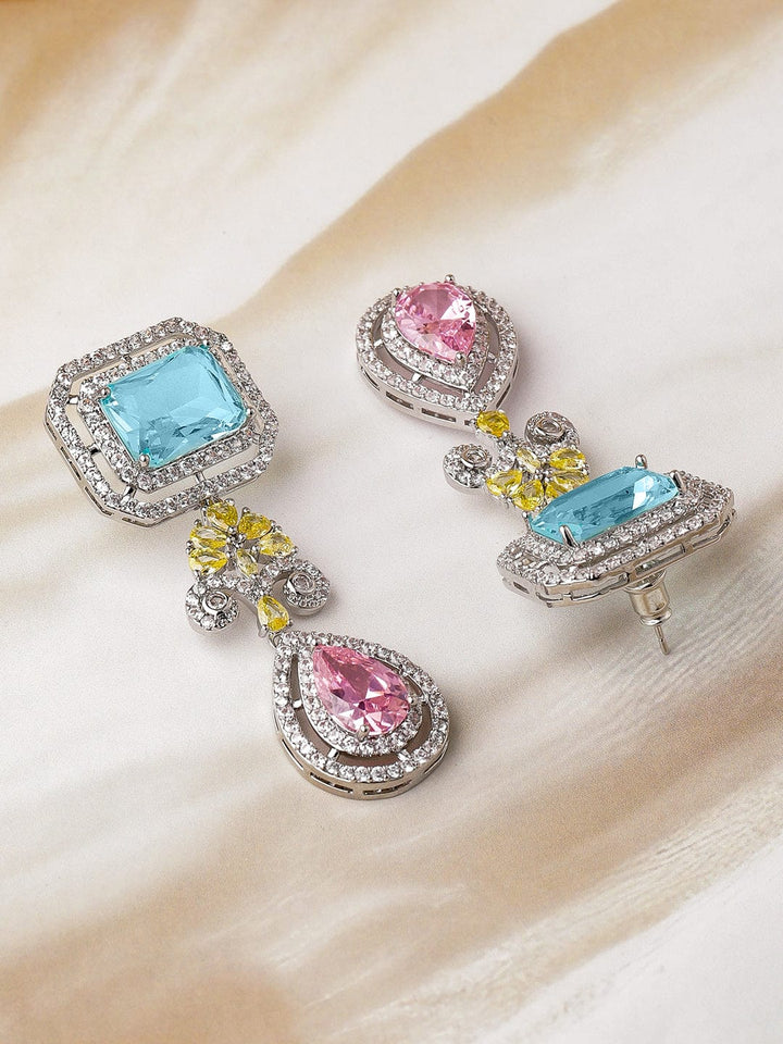 Voguish Rhodium-Plated Aqua Blue, Pink & Yellow AD & Cubic Zirconia Studded Drop Earrings Drop Earrings