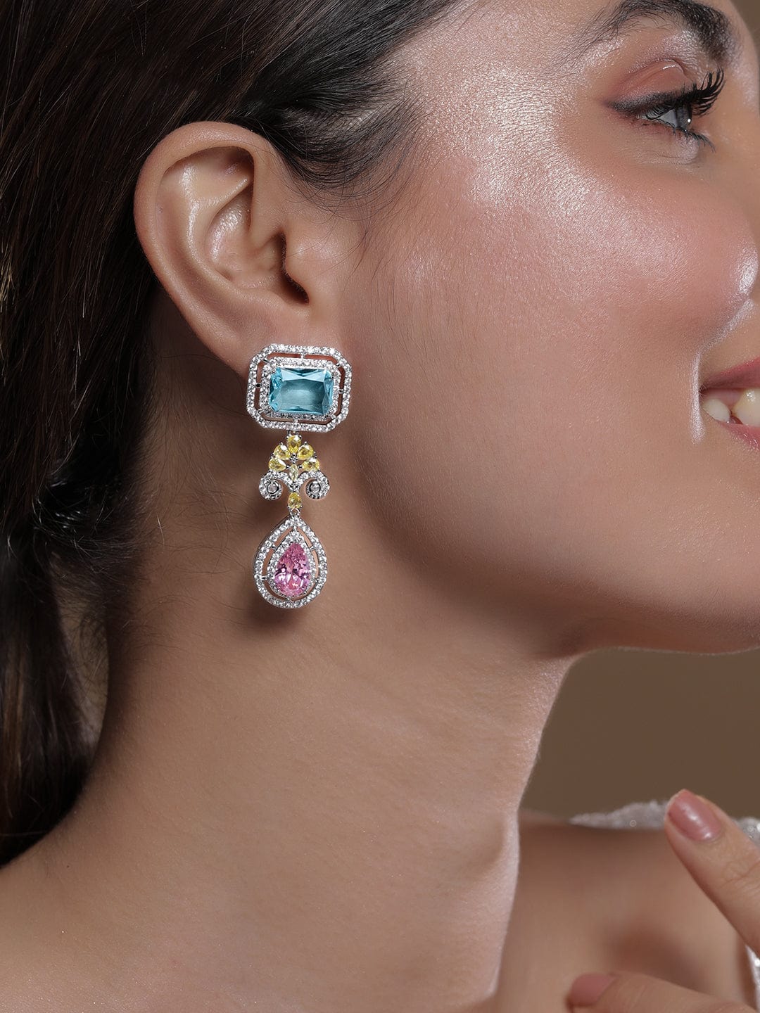 Voguish Rhodium-Plated Aqua Blue, Pink & Yellow AD & Cubic Zirconia Studded Drop Earrings Drop Earrings