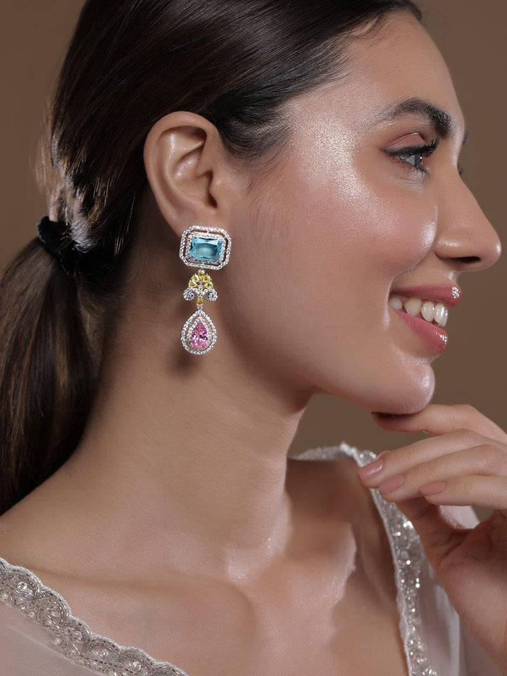 Voguish Rhodium-Plated Aqua Blue, Pink & Yellow AD & Cubic Zirconia Studded Drop Earrings Drop Earrings