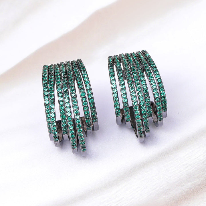 Voguish Rhodium-Plated Black Tone Emerald Zirconia Studded Premium Hoop Earrings Hoop