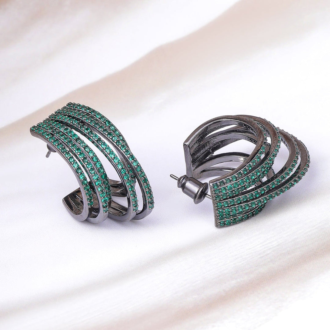 Voguish Rhodium-Plated Black Tone Emerald Zirconia Studded Premium Hoop Earrings Hoop