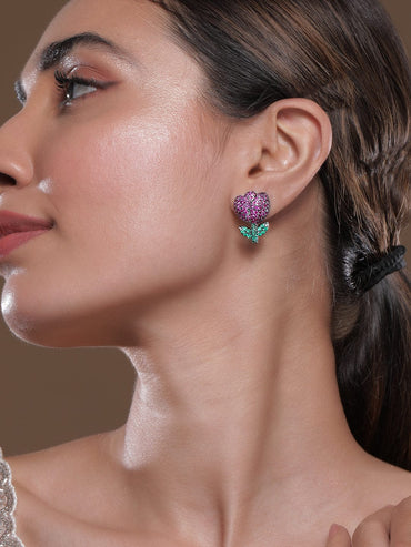 Voguish Rhodium Plated Black Tone Ruby Pink & Emerald AD & Zirconia Studded Floral Stud Earrings Stud