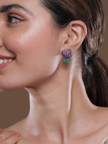 Voguish Rhodium Plated Black Tone Ruby Pink & Emerald AD & Zirconia Studded Floral Stud Earrings Stud