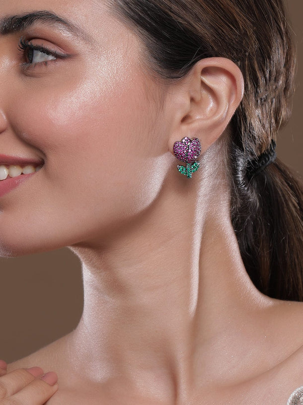 Voguish Rhodium Plated Black Tone Ruby Pink & Emerald AD & Zirconia Studded Floral Stud Earrings Stud