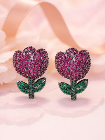 Voguish Rhodium Plated Black Tone Ruby Pink & Emerald AD & Zirconia Studded Floral Stud Earrings Stud