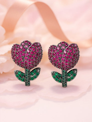 Voguish Rhodium Plated Black Tone Ruby Pink & Emerald AD & Zirconia Studded Floral Stud Earrings Stud
