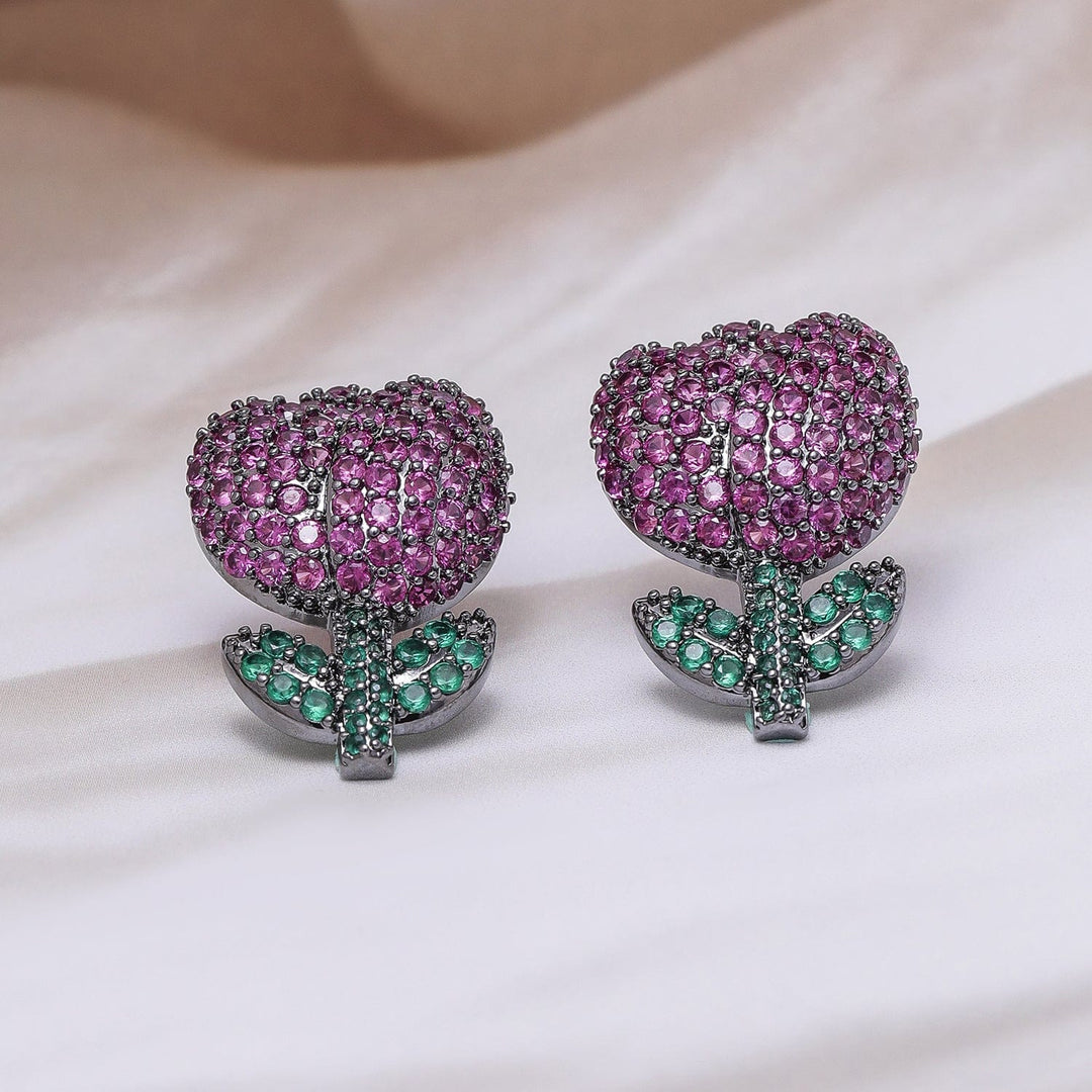 Voguish Rhodium Plated Black Tone Ruby Pink & Emerald AD & Zirconia Studded Floral Stud Earrings Stud