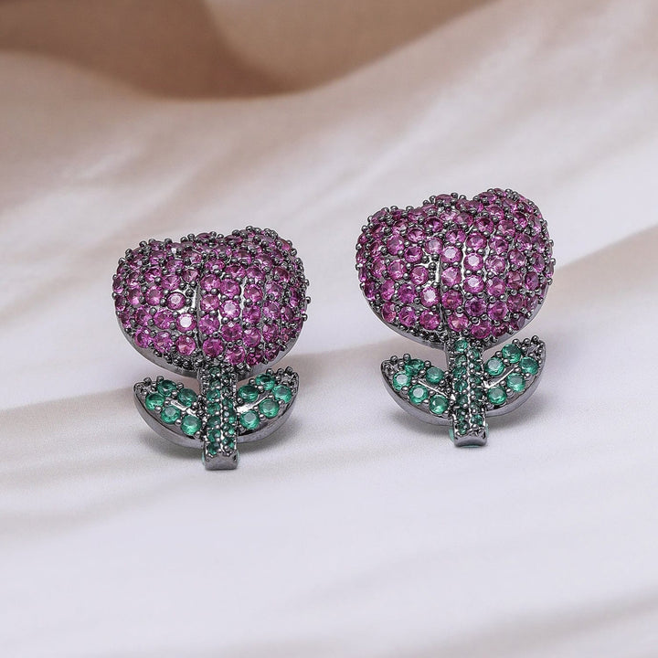 Voguish Rhodium Plated Black Tone Ruby Pink & Emerald AD & Zirconia Studded Floral Stud Earrings Stud