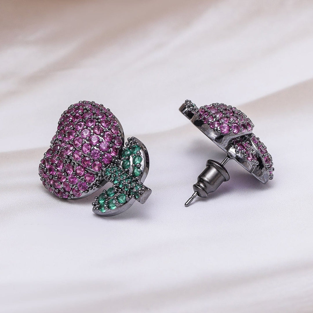 Voguish Rhodium Plated Black Tone Ruby Pink & Emerald AD & Zirconia Studded Floral Stud Earrings Stud