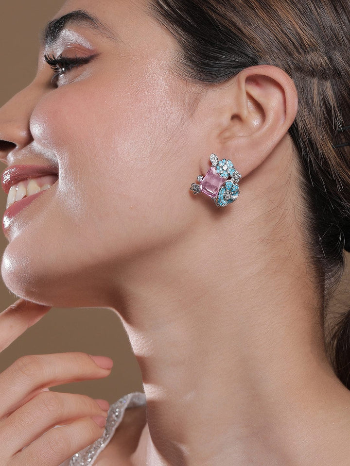 Voguish Rhodium Plated Blue Stone & Crystal Light Pink Zirconia Studded Floral Stud Earrings Stud Earrings