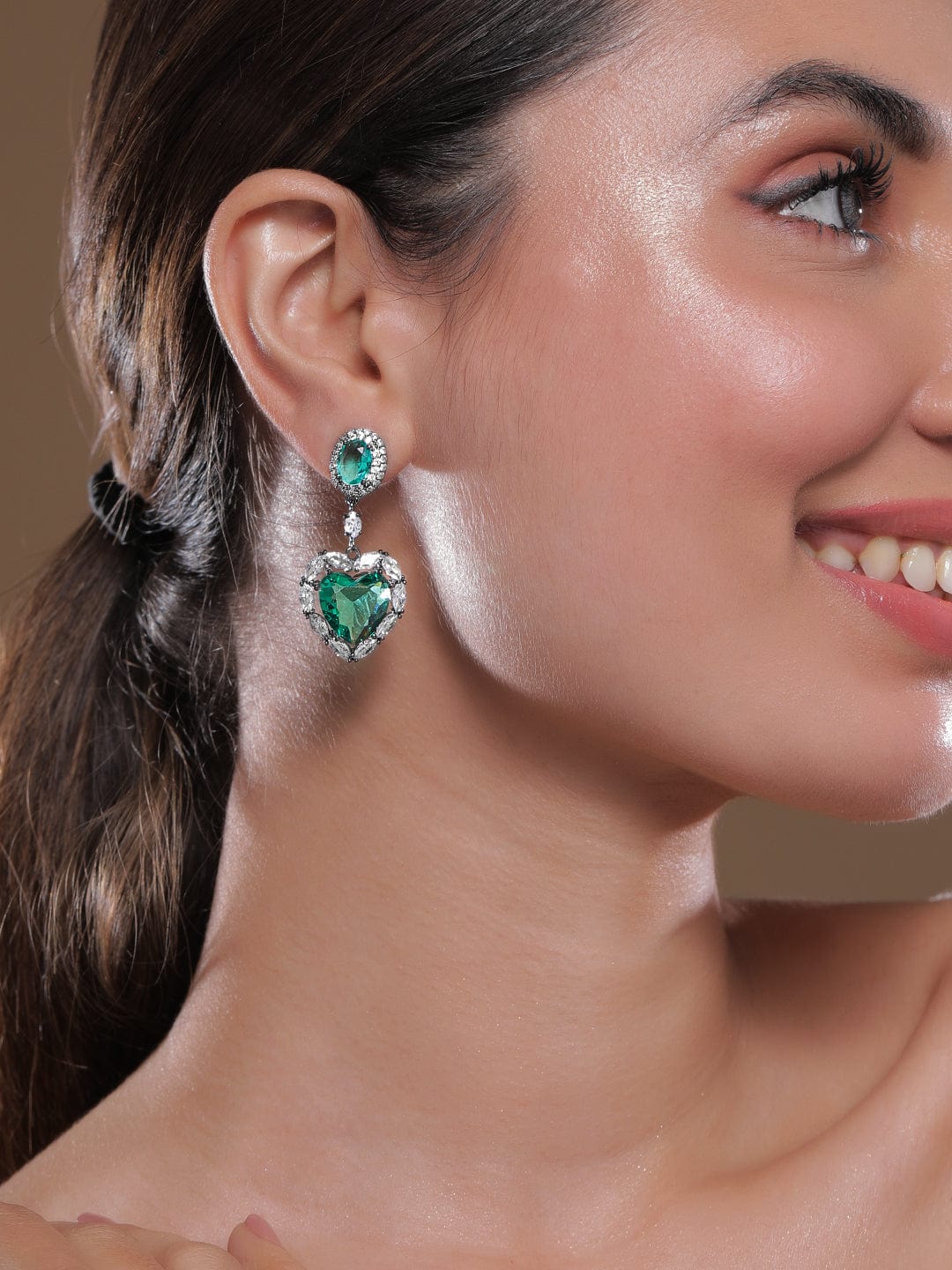 Voguish Rhodium-Plated Crystal Emerald AD & Cubic Zirconia Studded Premium Heart Drop Earrings Drop Earrings