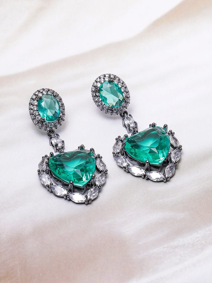 Voguish Rhodium-Plated Crystal Emerald AD & Cubic Zirconia Studded Premium Heart Drop Earrings Drop Earrings