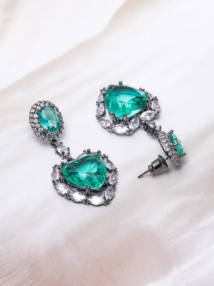 Voguish Rhodium-Plated Crystal Emerald AD & Cubic Zirconia Studded Premium Heart Drop Earrings Drop Earrings