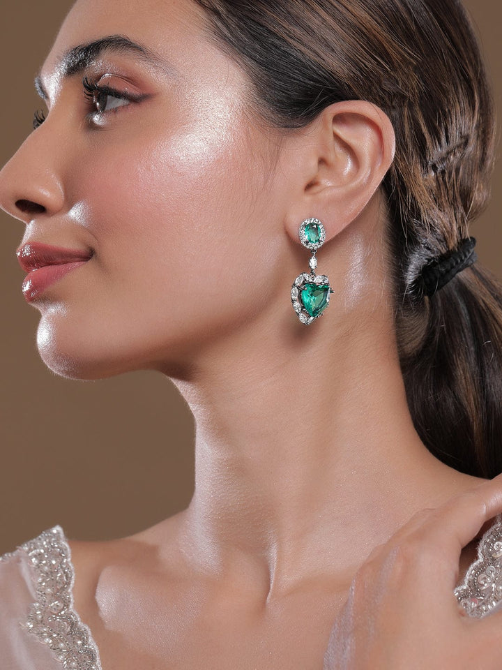 Voguish Rhodium-Plated Crystal Emerald AD & Cubic Zirconia Studded Premium Heart Drop Earrings Drop Earrings