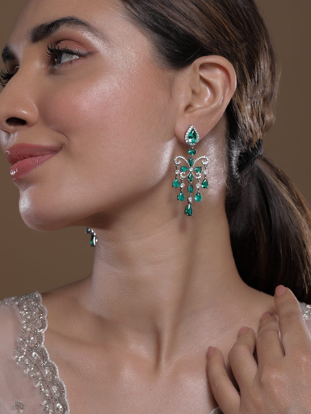 Voguish Rhodium-Plated Emerald AD & Cubic Zirconia Studded Premium Chandelier Earrings Chandelier Earrings