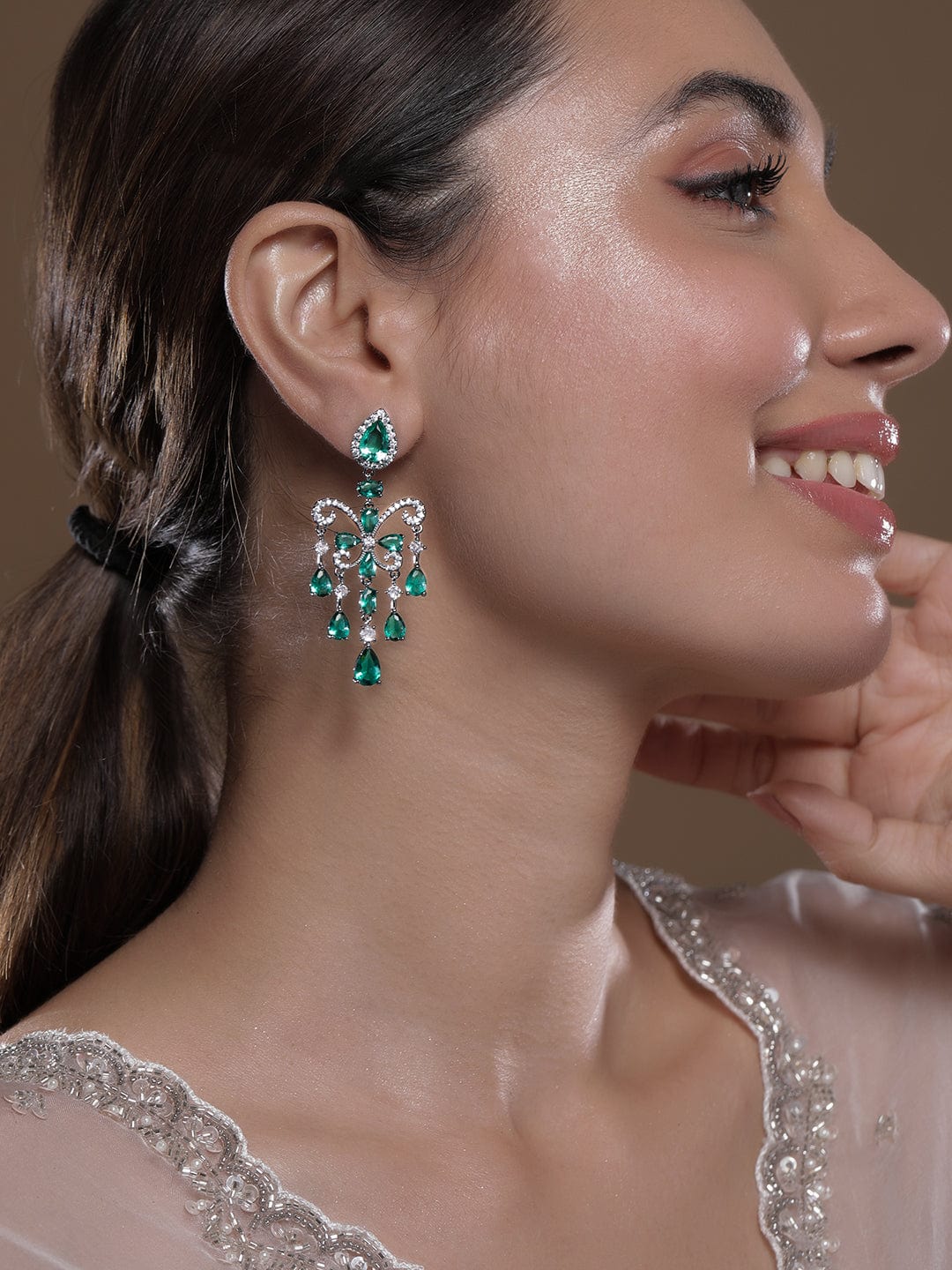 Voguish Rhodium-Plated Emerald AD & Cubic Zirconia Studded Premium Chandelier Earrings Chandelier Earrings