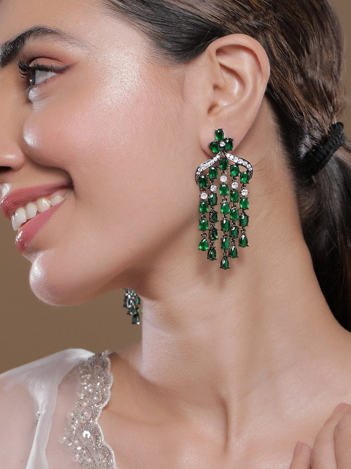 Voguish Rhodium Plated Emerald AD & Zirconia Studded Black Tone Multilayer Chandelier Earrings Chandelier Earrings