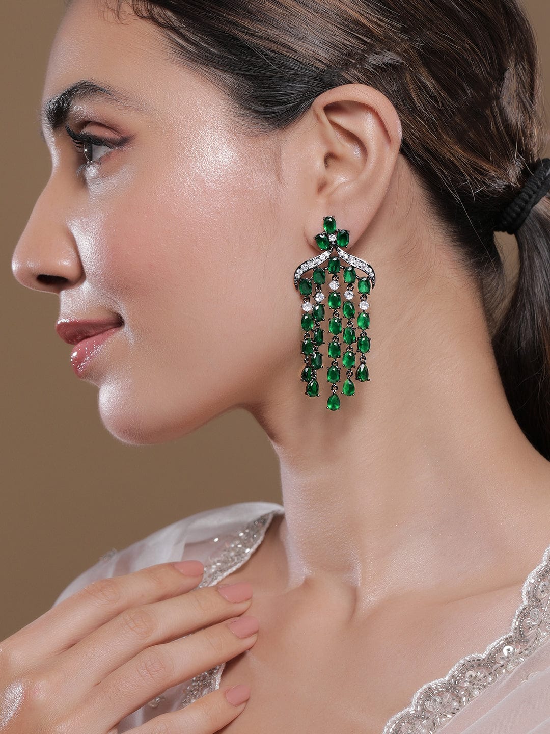 Voguish Rhodium Plated Emerald AD & Zirconia Studded Black Tone Multilayer Chandelier Earrings Chandelier Earrings