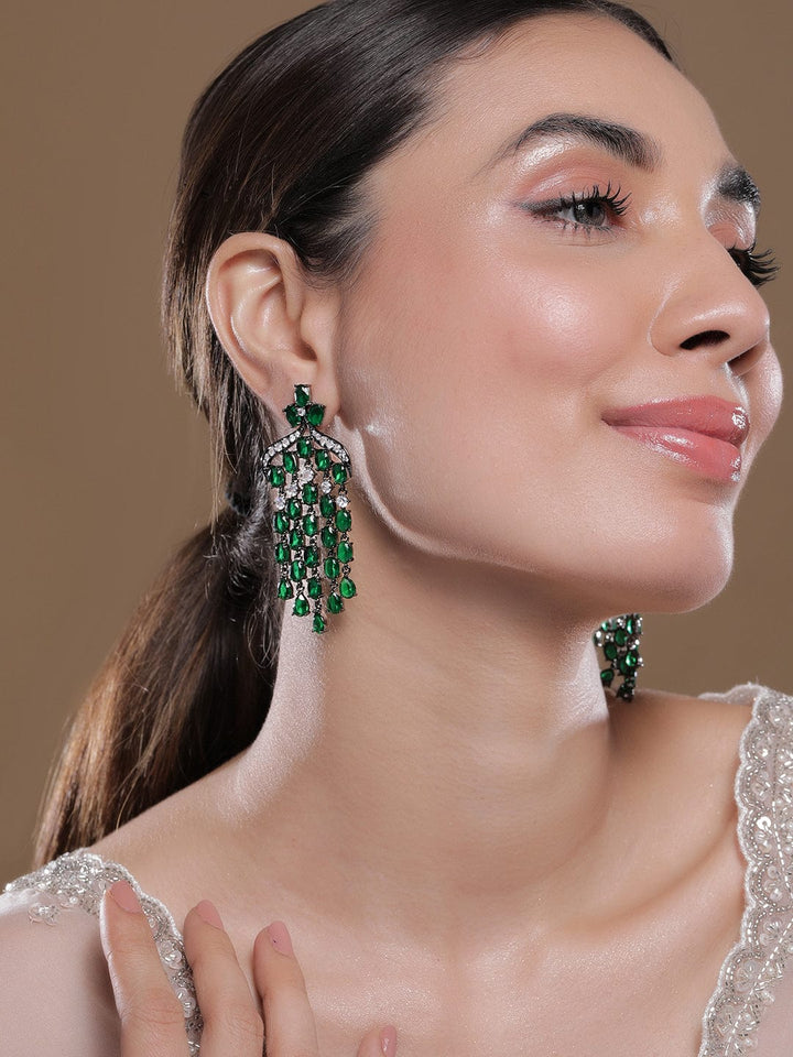 Voguish Rhodium Plated Emerald AD & Zirconia Studded Black Tone Multilayer Chandelier Earrings Chandelier Earrings