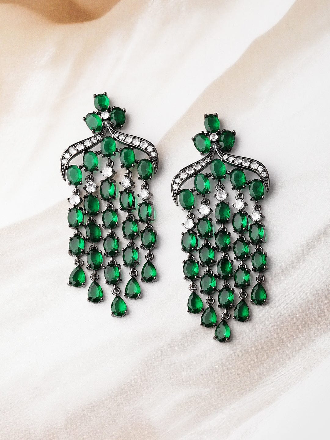 Voguish Rhodium Plated Emerald AD & Zirconia Studded Black Tone Multilayer Chandelier Earrings Chandelier Earrings