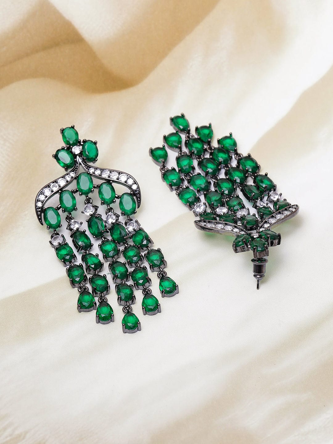 Voguish Rhodium Plated Emerald AD & Zirconia Studded Black Tone Multilayer Chandelier Earrings Chandelier Earrings