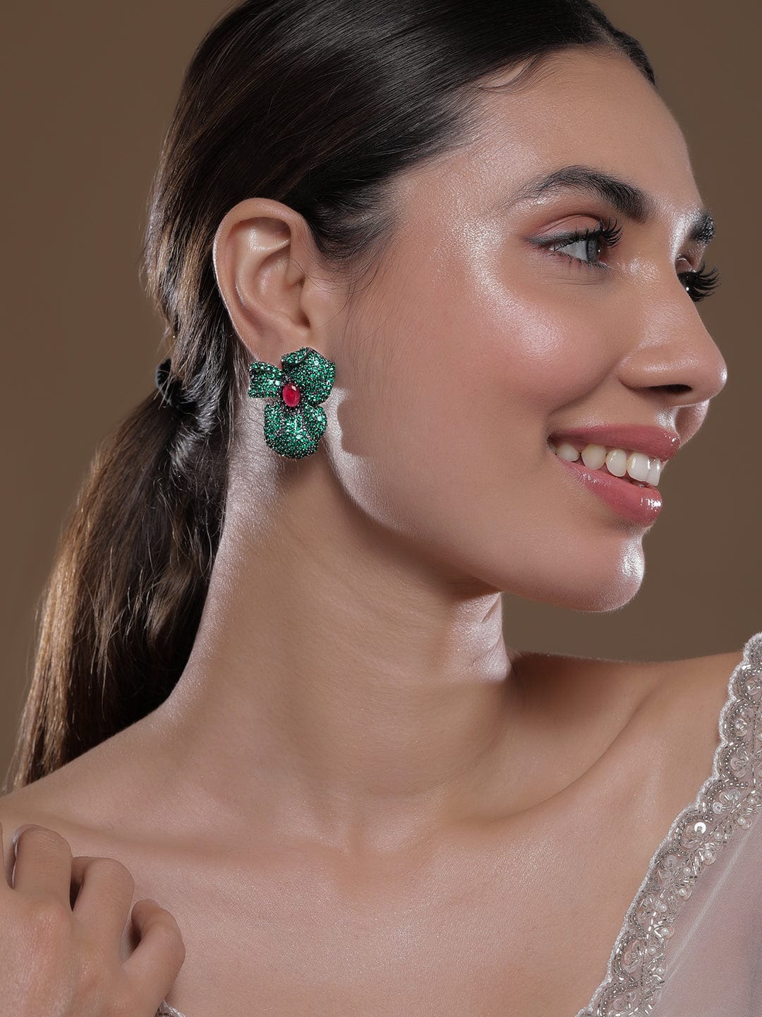 Voguish Rhodium-Plated Emerald & Ruby AD & Cubic Zirconia Studded Oversized Floral Stud Earrings Stud