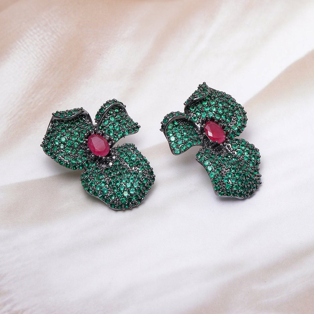 Voguish Rhodium-Plated Emerald & Ruby AD & Cubic Zirconia Studded Oversized Floral Stud Earrings Stud