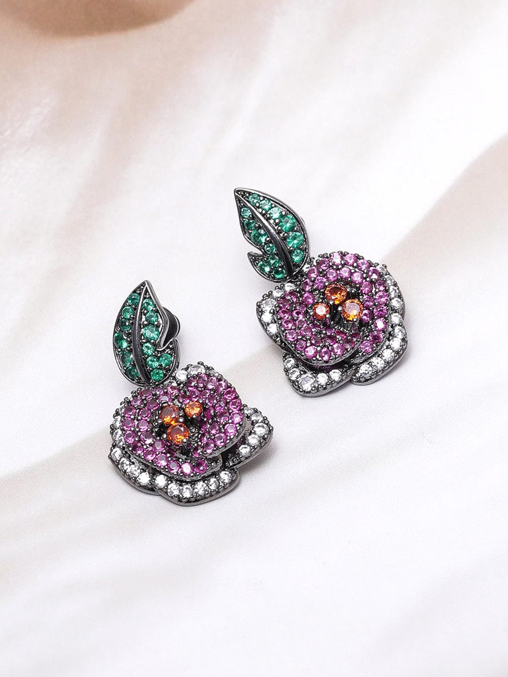 Voguish Rhodium-Plated Emerald, Ruby Pink & Orange AD & Cubic Zirconia Studded Floral Drop Earrings Drop