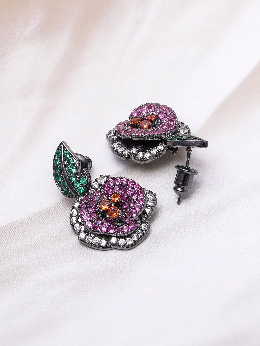 Voguish Rhodium-Plated Emerald, Ruby Pink & Orange AD & Cubic Zirconia Studded Floral Drop Earrings Drop