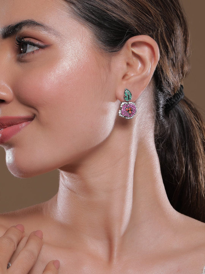 Voguish Rhodium-Plated Emerald, Ruby Pink & Orange AD & Cubic Zirconia Studded Floral Drop Earrings Drop