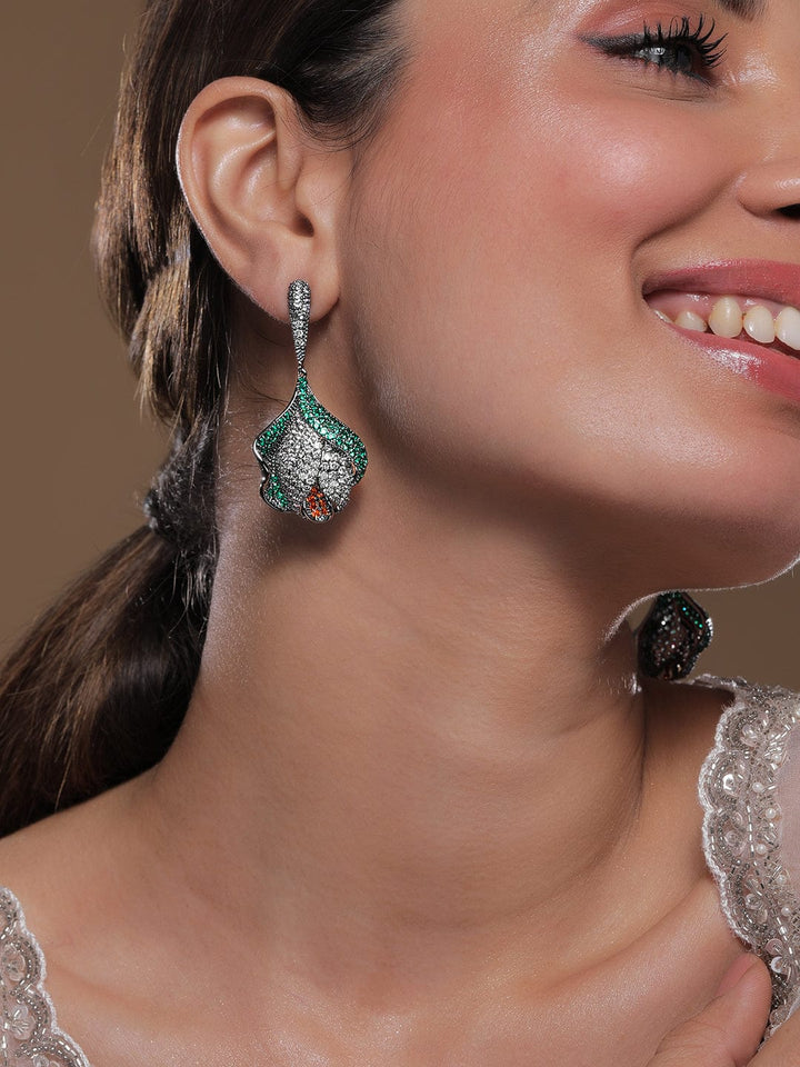 Voguish Rhodium-Plated Lavender, Emerald & Orange AD & Cubic Zirconia Studded Drop Earrings Drop