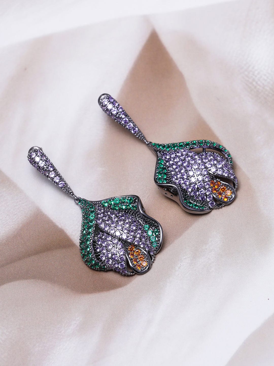 Voguish Rhodium-Plated Lavender, Emerald & Orange AD & Cubic Zirconia Studded Drop Earrings Drop