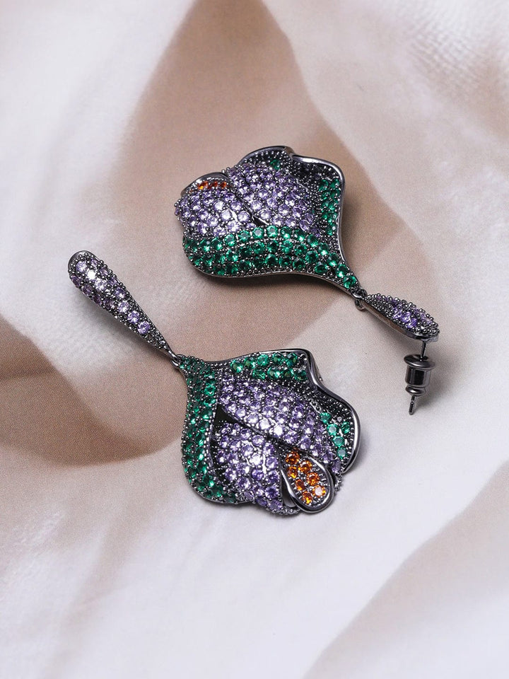 Voguish Rhodium-Plated Lavender, Emerald & Orange AD & Cubic Zirconia Studded Drop Earrings Drop