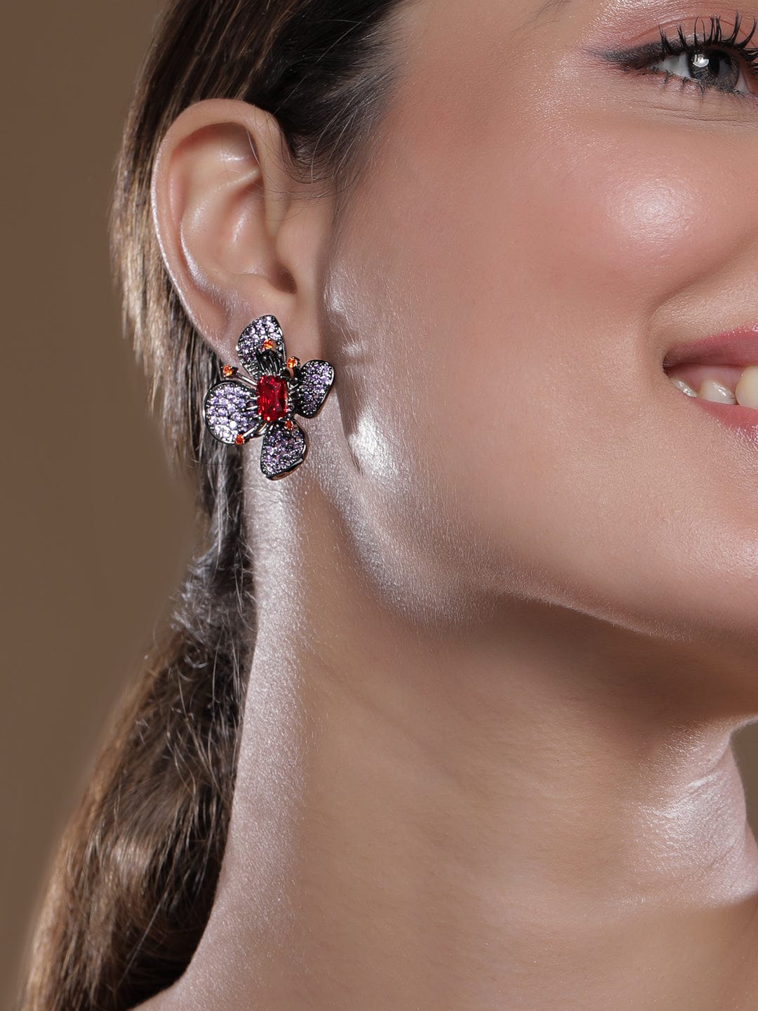 Voguish Rhodium-Plated Lavender, Orange & Ruby AD & Cubic Zirconia Studded Floral Stud Earrings Stud Earrings