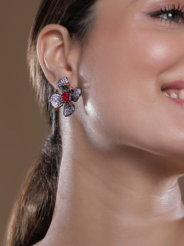 Voguish Rhodium-Plated Lavender, Orange & Ruby AD & Cubic Zirconia Studded Floral Stud Earrings Stud Earrings