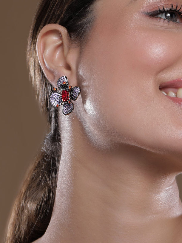 Voguish Rhodium-Plated Lavender, Orange & Ruby AD & Cubic Zirconia Studded Floral Stud Earrings Stud Earrings