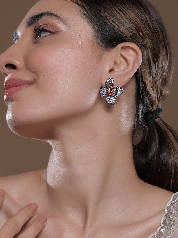 Voguish Rhodium-Plated Lavender, Orange & Ruby AD & Cubic Zirconia Studded Floral Stud Earrings Stud Earrings
