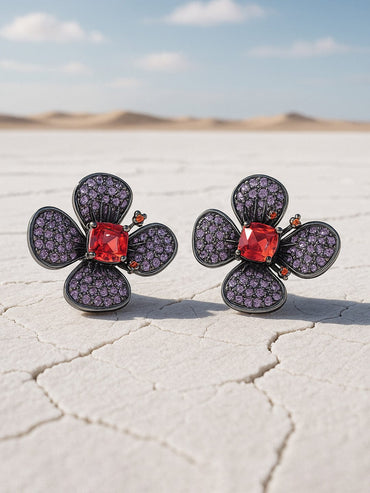 Voguish Rhodium-Plated Lavender, Orange & Ruby AD & Cubic Zirconia Studded Floral Stud Earrings Stud Earrings